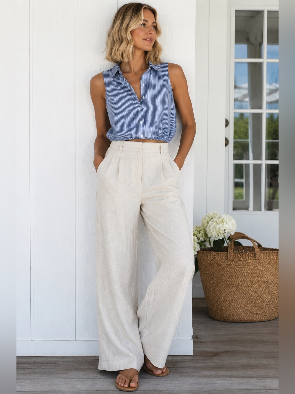 A Loves A Blue White Striped Sleeveless Cropped‎ Button Front Collared Top M